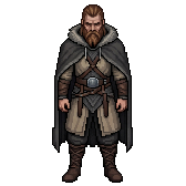 A weathered Norse freeman in oatmeal wool and a charcoal hooded cloak.