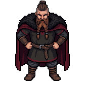 A battle-worn Norse huskarl, broad-shouldered, in a fur-lined cloak.