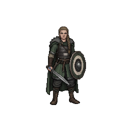 A weather-burned Norse shieldmaiden in green tunic with a round shield and sword.